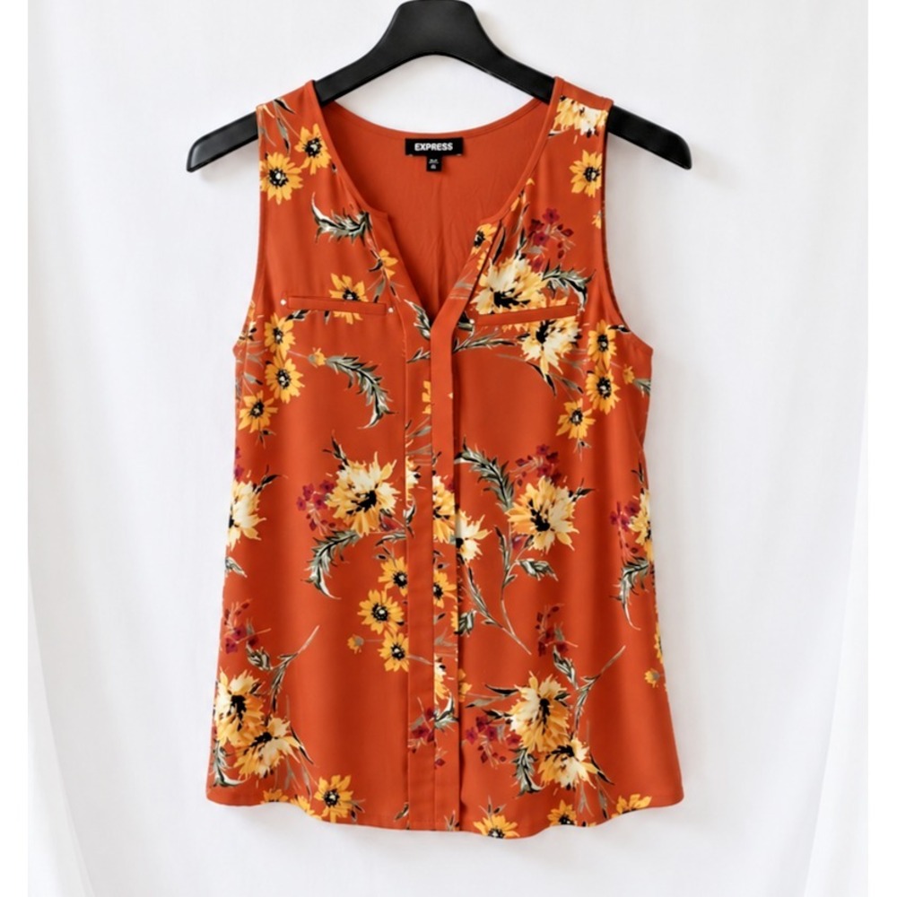 Express Sleeveless Floral Tank Top Womens M Orange Split Neck Casual Blouse